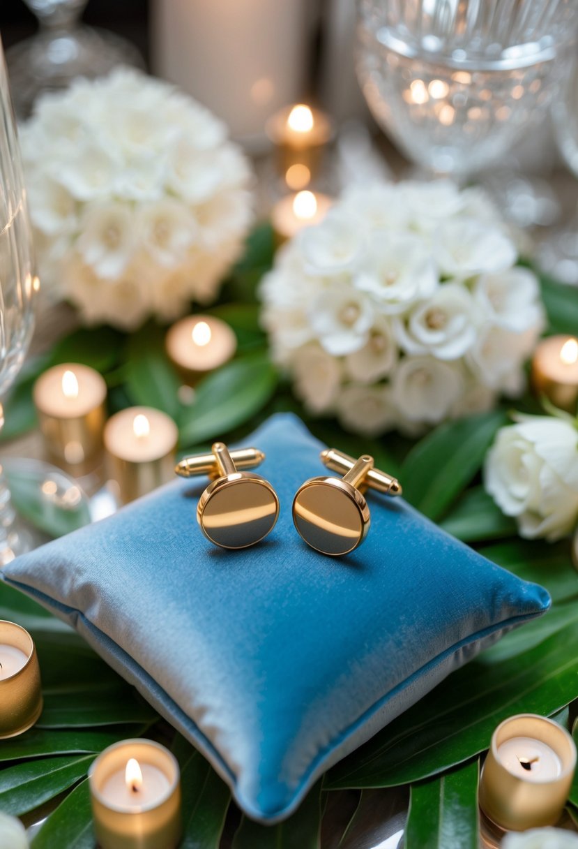 A close-up of two gold cufflinks on a velvet cushion, surrounded by elegant wedding decor