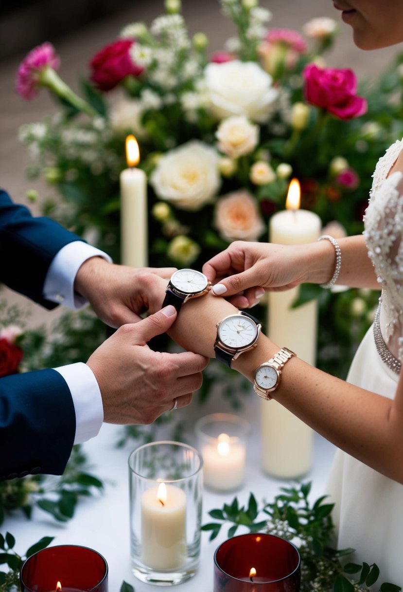 A bride and groom exchanging wedding watches, surrounded by flowers and candles