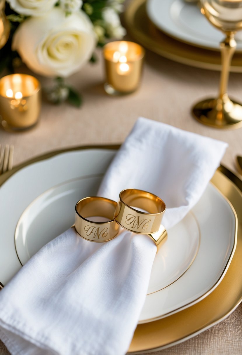 Two monogrammed gold napkin rings on a white linen napkin, surrounded by elegant gold wedding decor