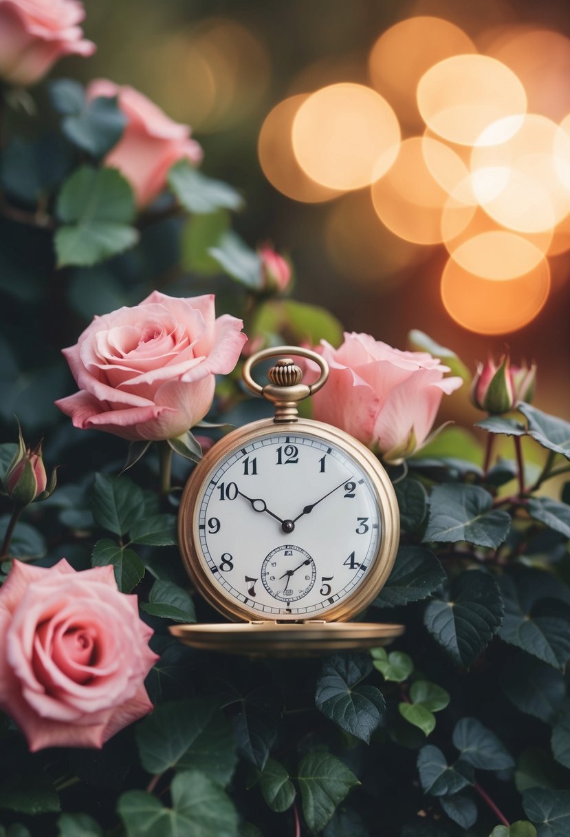 A vintage pocket watch nestled in a bed of roses and ivy, with a soft, warm light casting a romantic glow over the scene