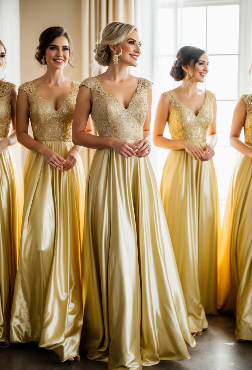 Golden bridesmaid dresses shimmering under soft light. Accents of gold lace and embroidery add elegance to the flowing gowns