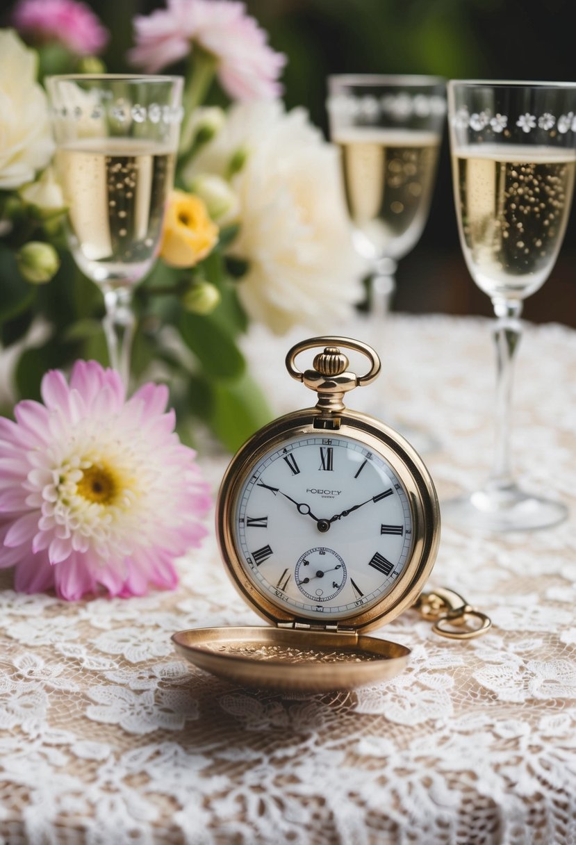 A vintage pocket watch surrounded by delicate lace, blooming flowers, and sparkling champagne glasses on a lace-covered table