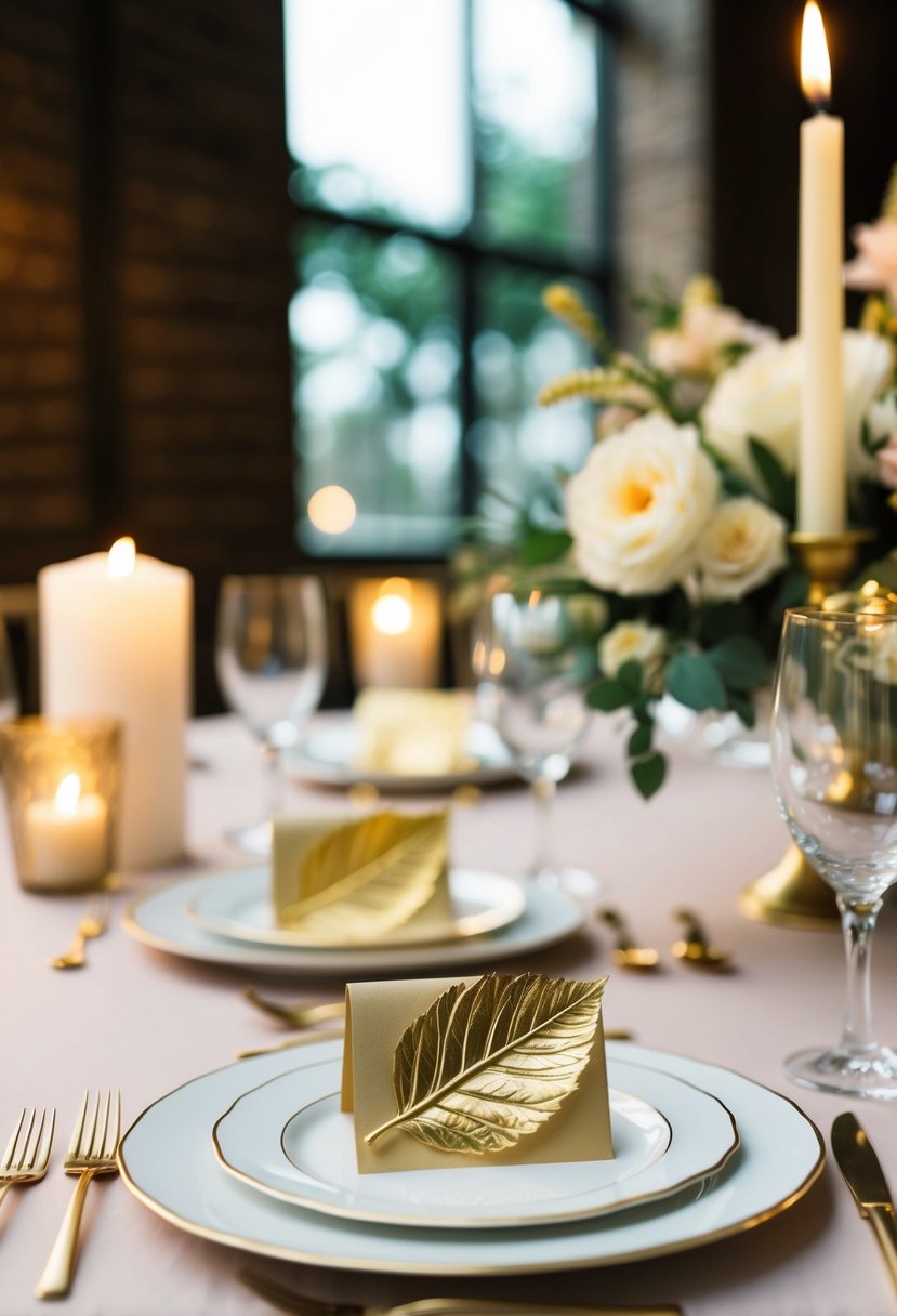 Gold leaf place cards arranged on a table with elegant floral decor and soft candlelight