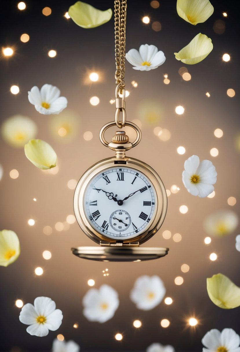 A pocket watch suspended in mid-air, surrounded by floating flower petals and twinkling stars