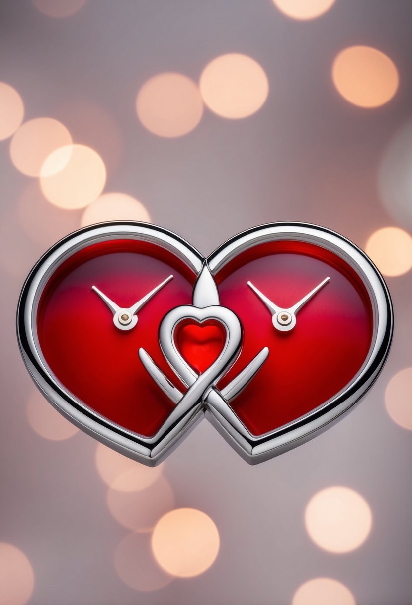 A heart-shaped timepiece with two interconnected hearts symbolizing love and unity