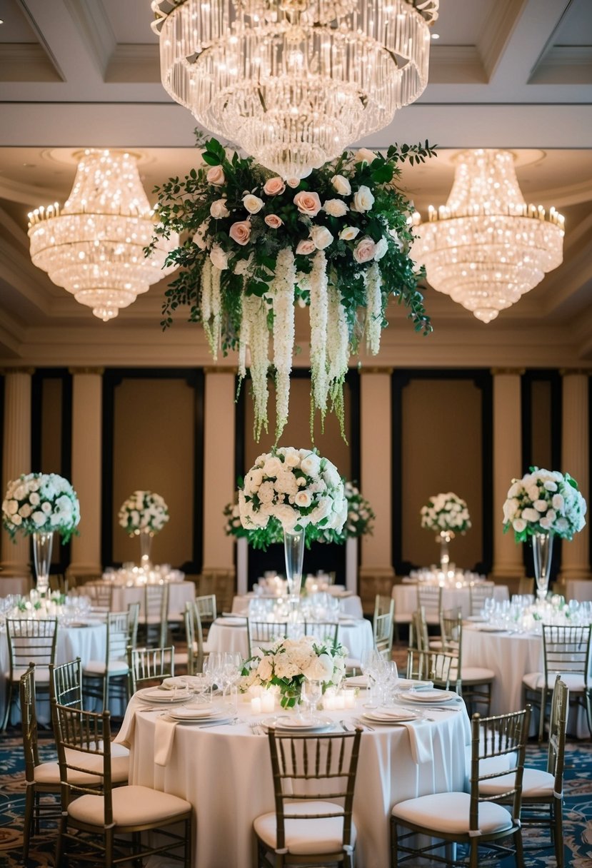 A grand ballroom adorned with cascading floral arrangements, crystal chandeliers, and elegant table settings for a luxurious wedding celebration