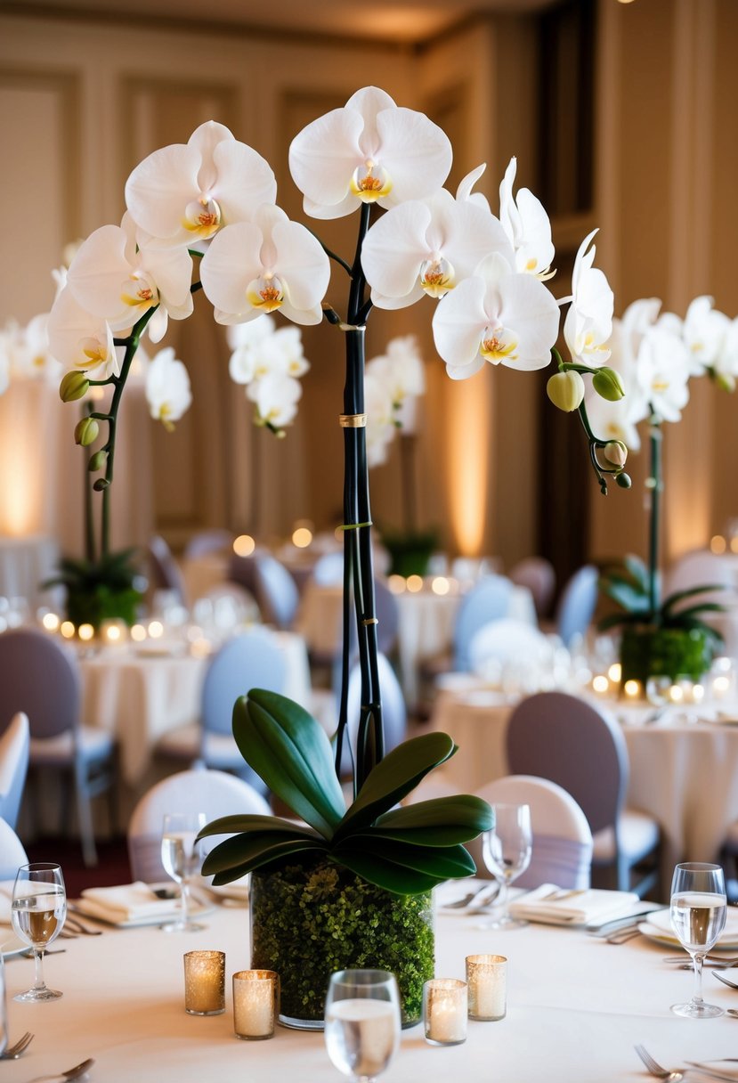 A grand ballroom adorned with elegant Phalaenopsis orchid centerpieces, adding a touch of luxury to a wedding reception