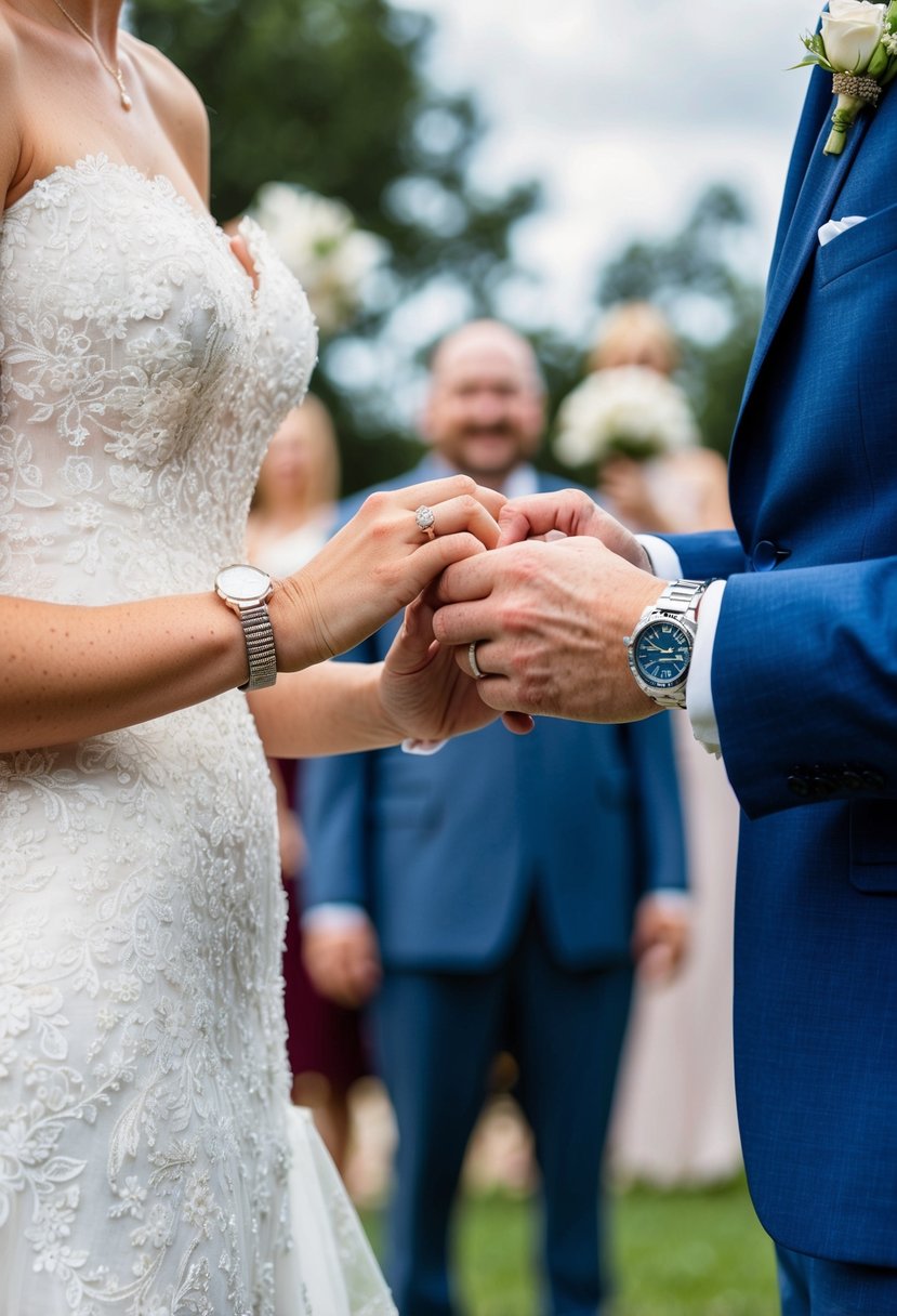 A bride and groom exchange wedding rings, with a watch on the groom's wrist. The engraving reads "From This Second On."