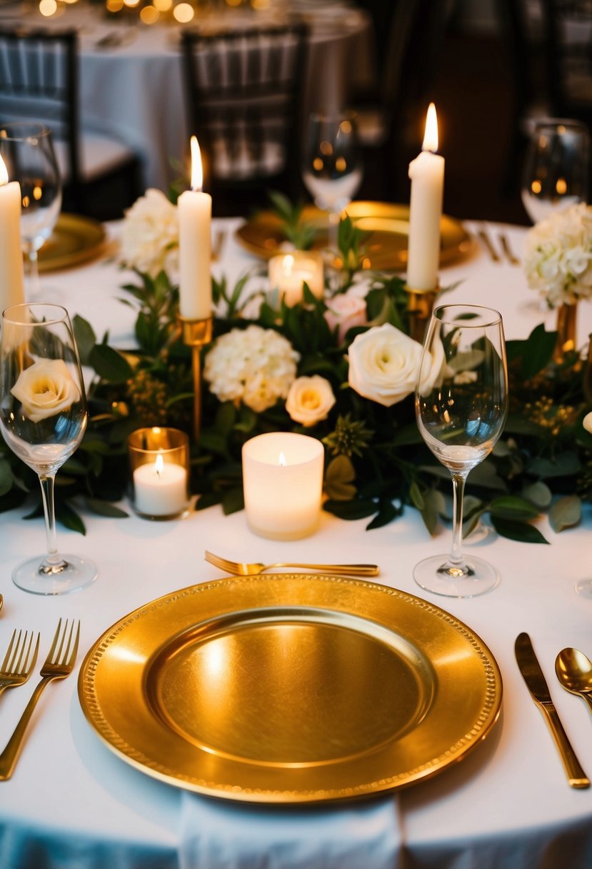 Golden charger plates arranged on a table with elegant floral centerpieces and soft candlelight