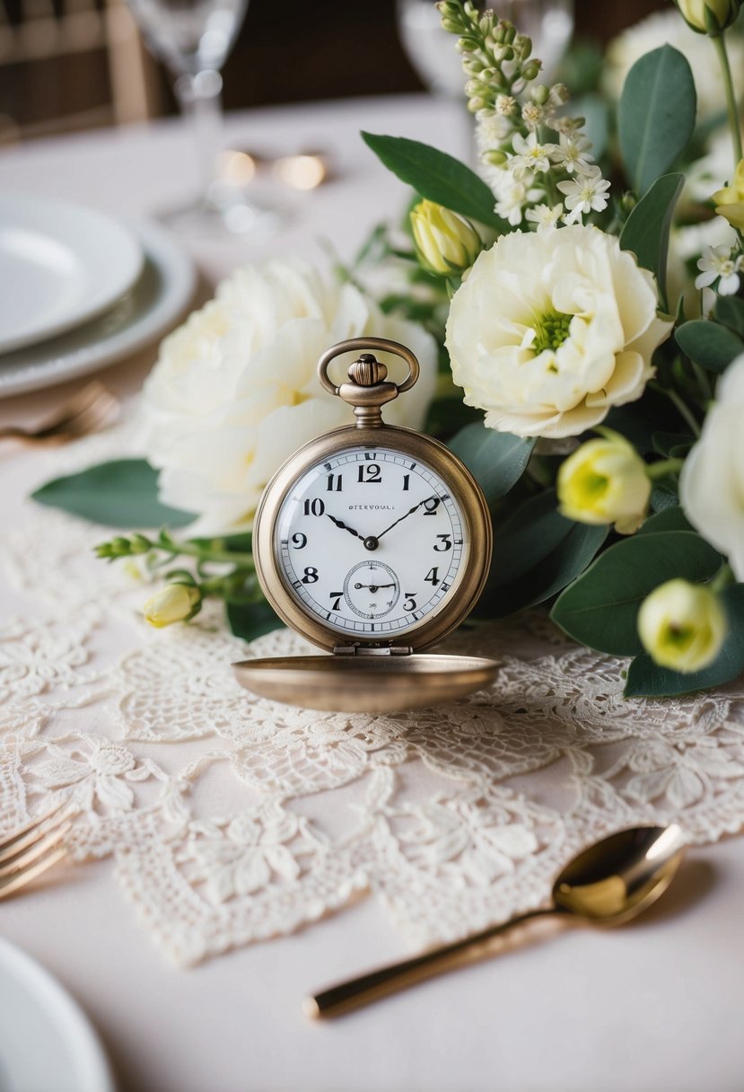 A vintage pocket watch nestled among delicate lace and flowers on a wedding table