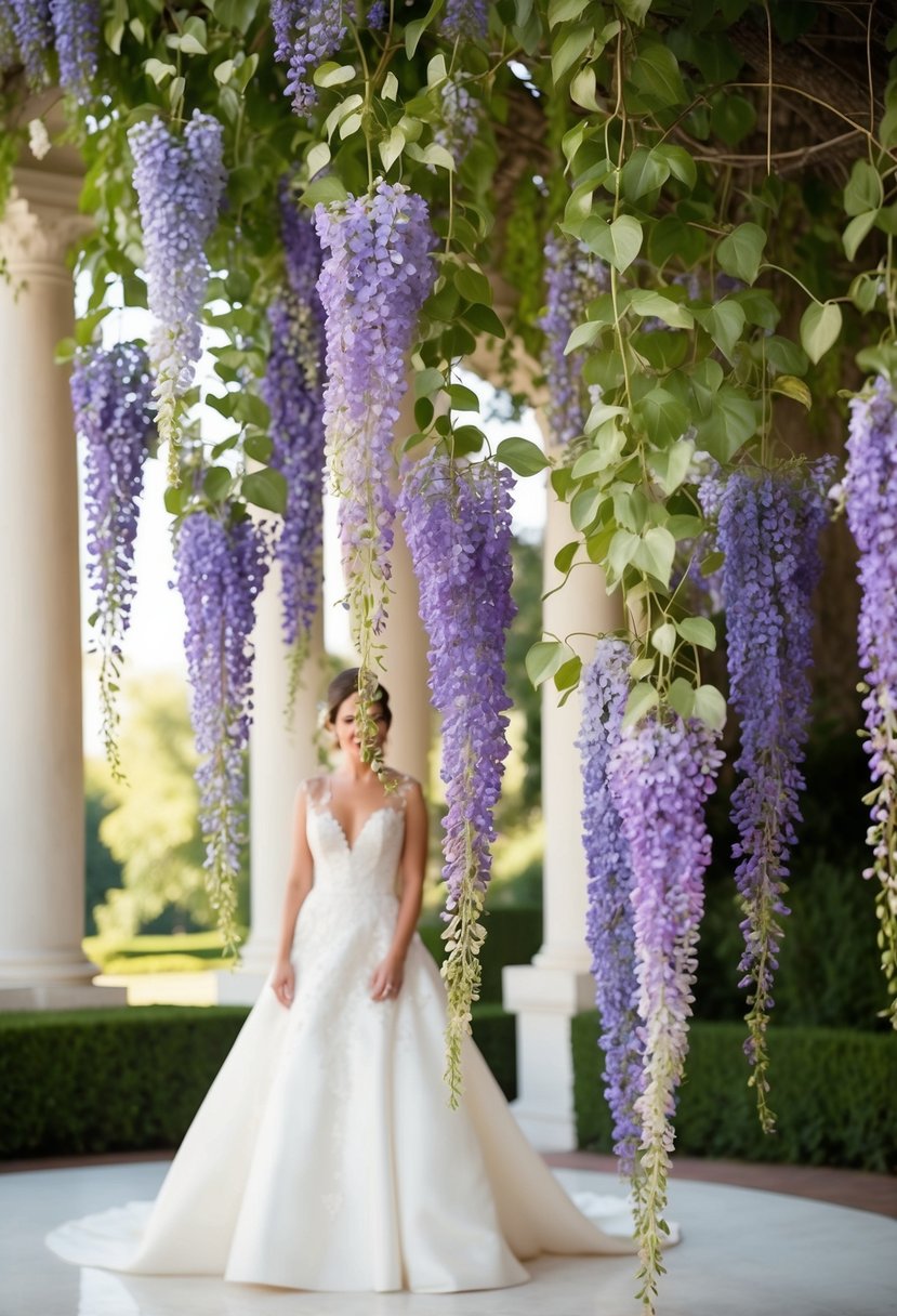 A lavish wedding setting with cascading wisteria vines as a backdrop