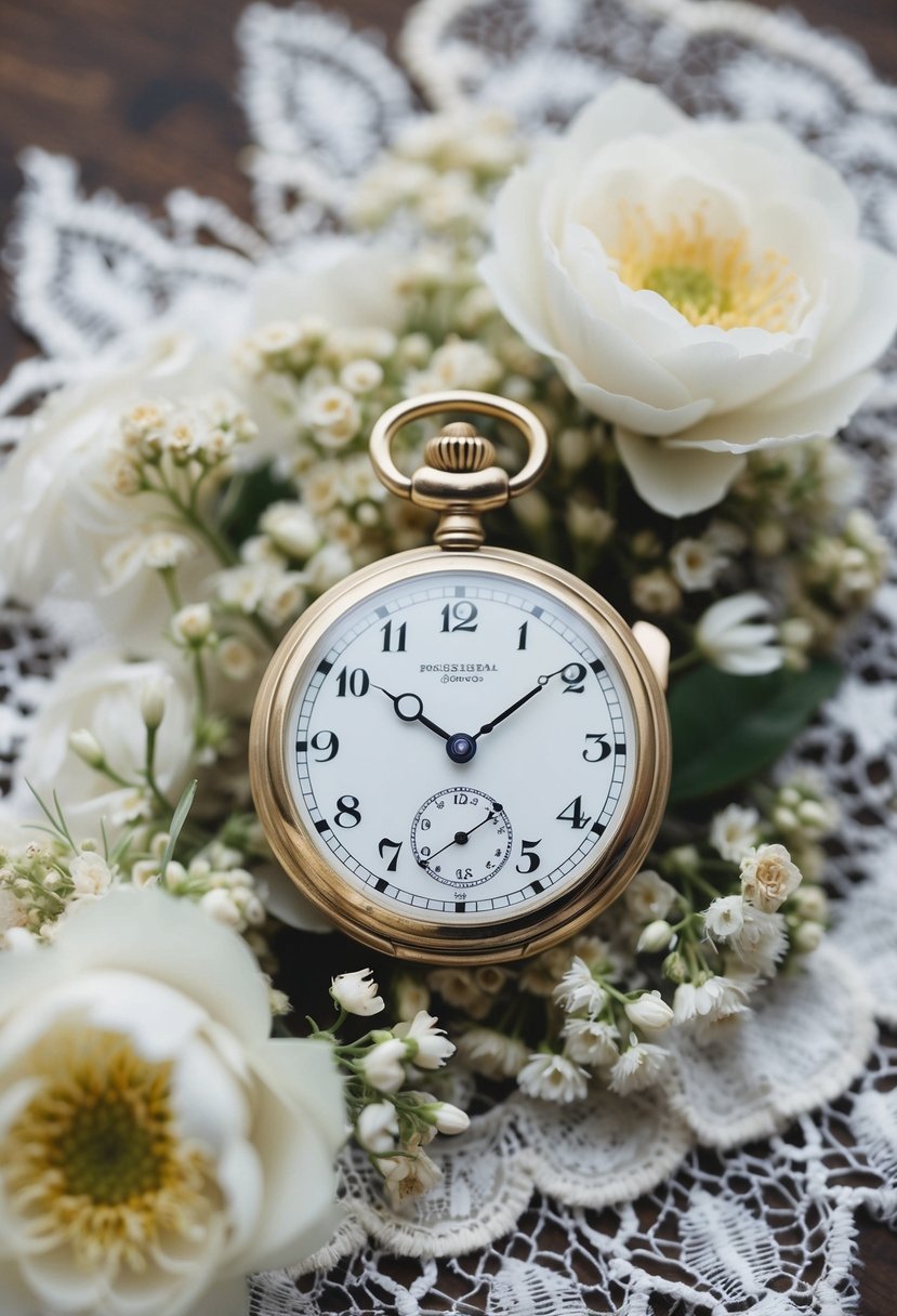 A vintage pocket watch surrounded by delicate lace and floral details, with the hands pointing to the exact time of the wedding ceremony