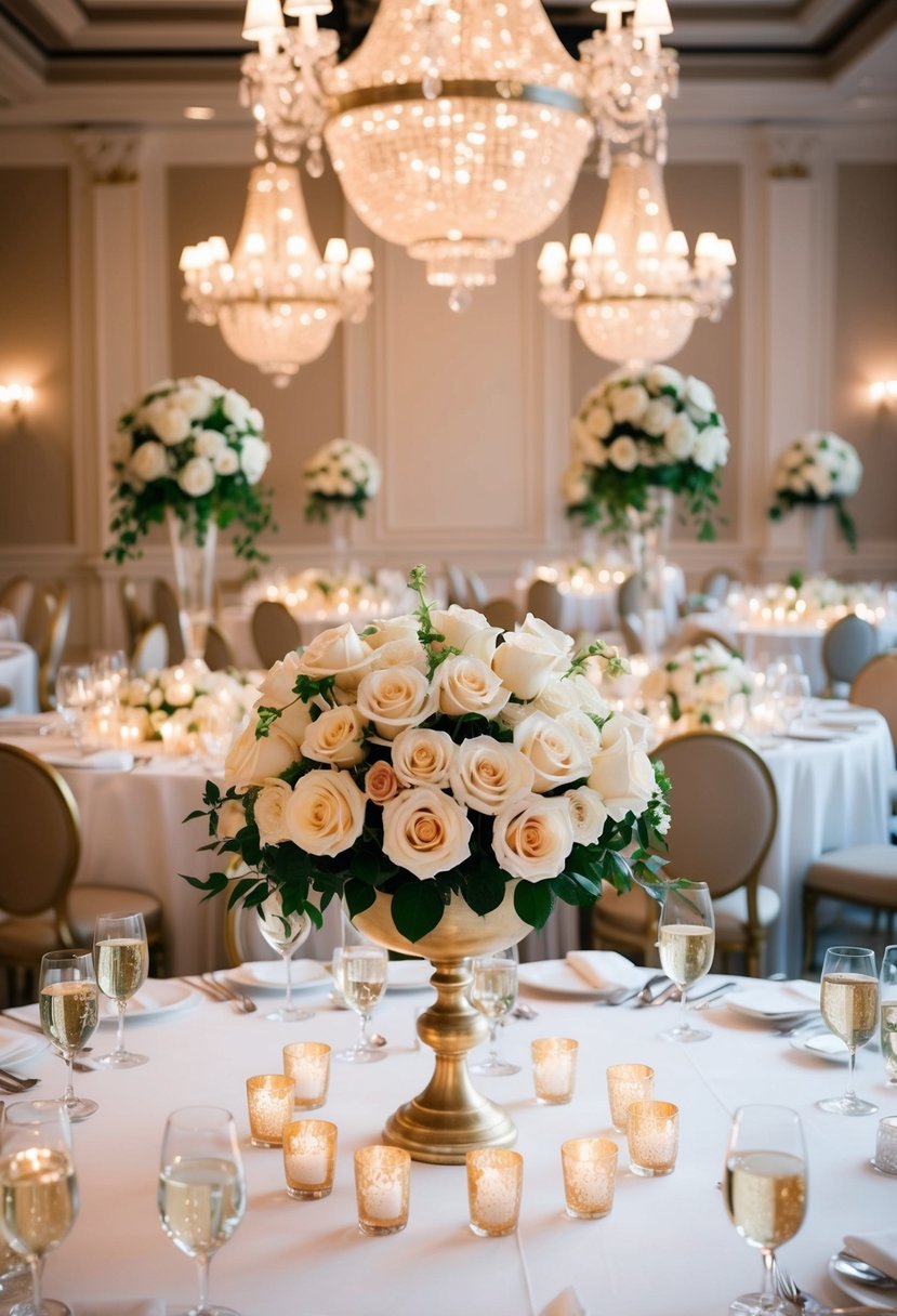 A lavish wedding reception adorned with elegant garden rose bouquets in every corner, creating a romantic and luxurious atmosphere