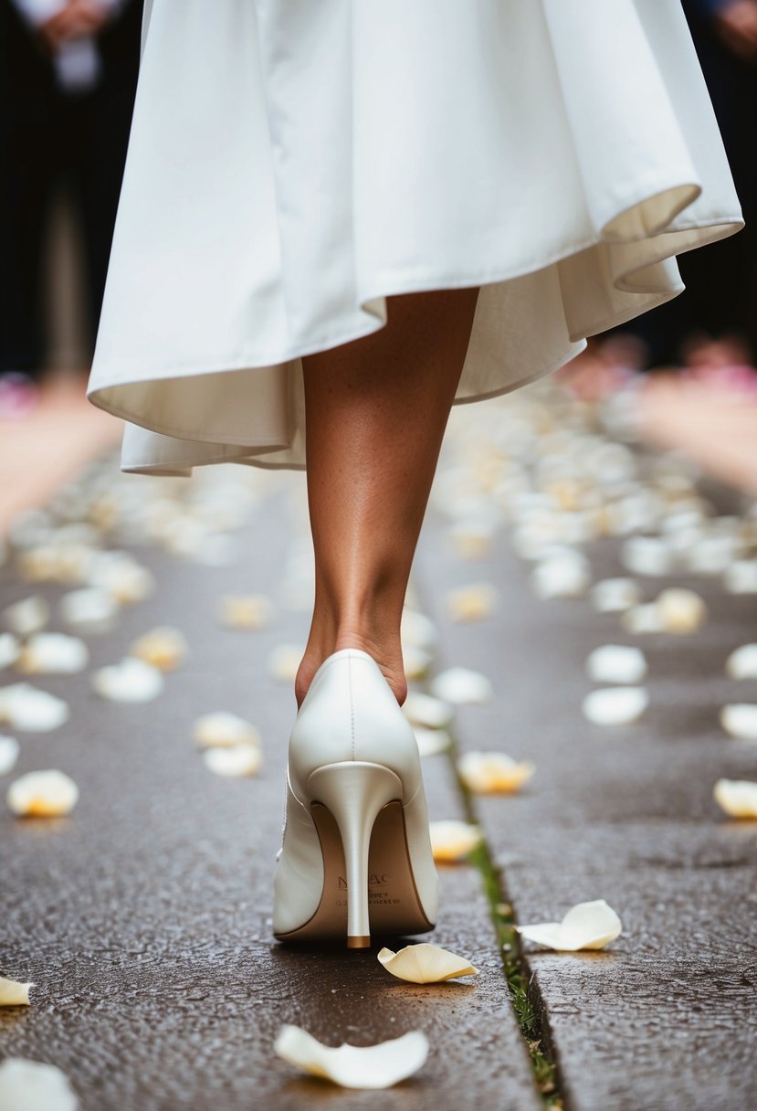 A bride's elegant shoe stepping onto the aisle, with rose petals scattered on the ground