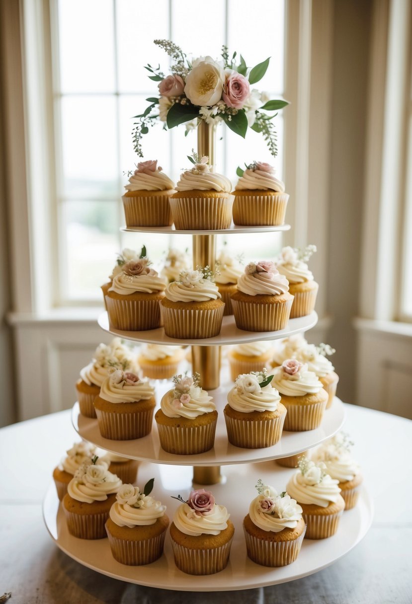 A display of elegant wedding cupcakes arranged on a tiered stand, adorned with delicate floral decorations and intricate frosting designs