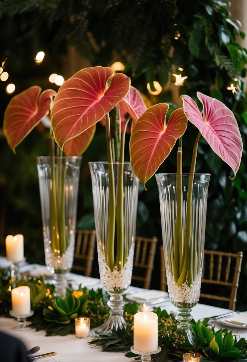 Anthuriums arranged in tall crystal vases, surrounded by lush greenery and soft candlelight