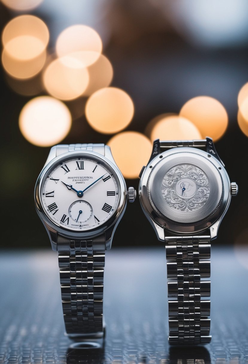 A close-up of two elegant wedding watches side by side, with intricate engravings on the back