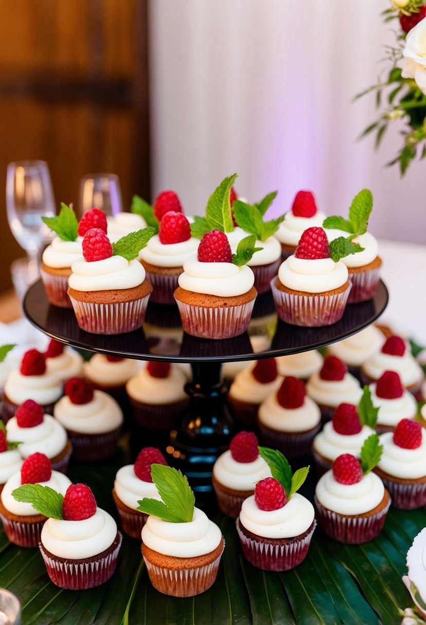 A table set with raspberry mojito cupcakes, adorned with mint leaves and raspberries, displayed at a wedding reception