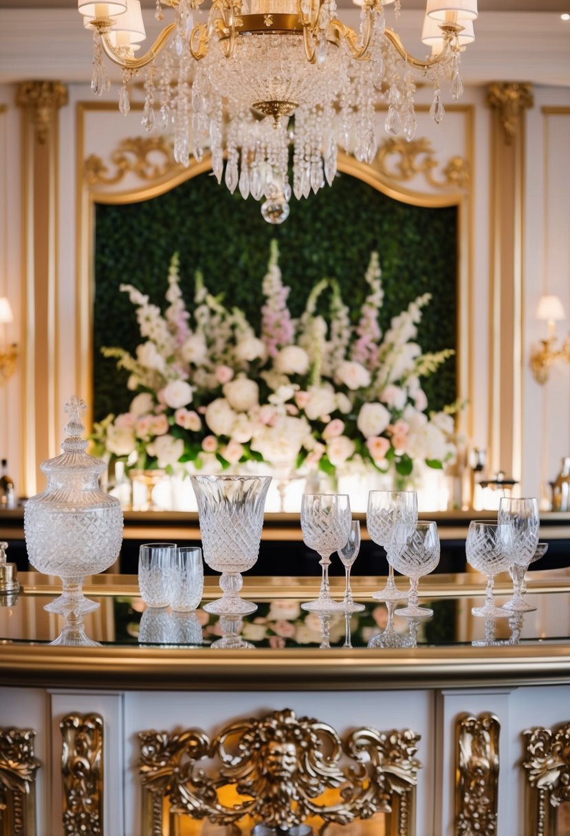 A grand, opulent bar area with ornate gold accents and crystal glassware, set against a backdrop of elegant floral arrangements and soft, romantic lighting