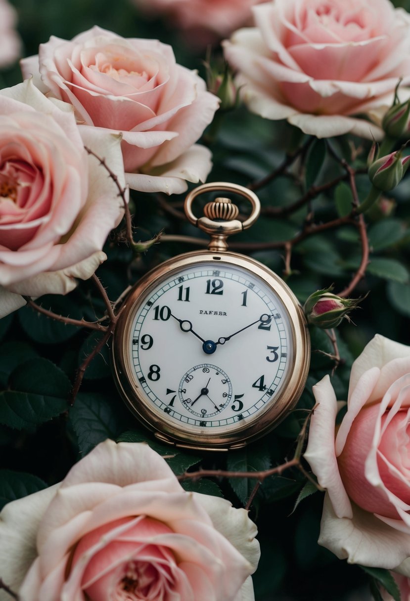 A vintage pocket watch nestled in a bed of blooming roses, with delicate vines wrapping around the timepiece