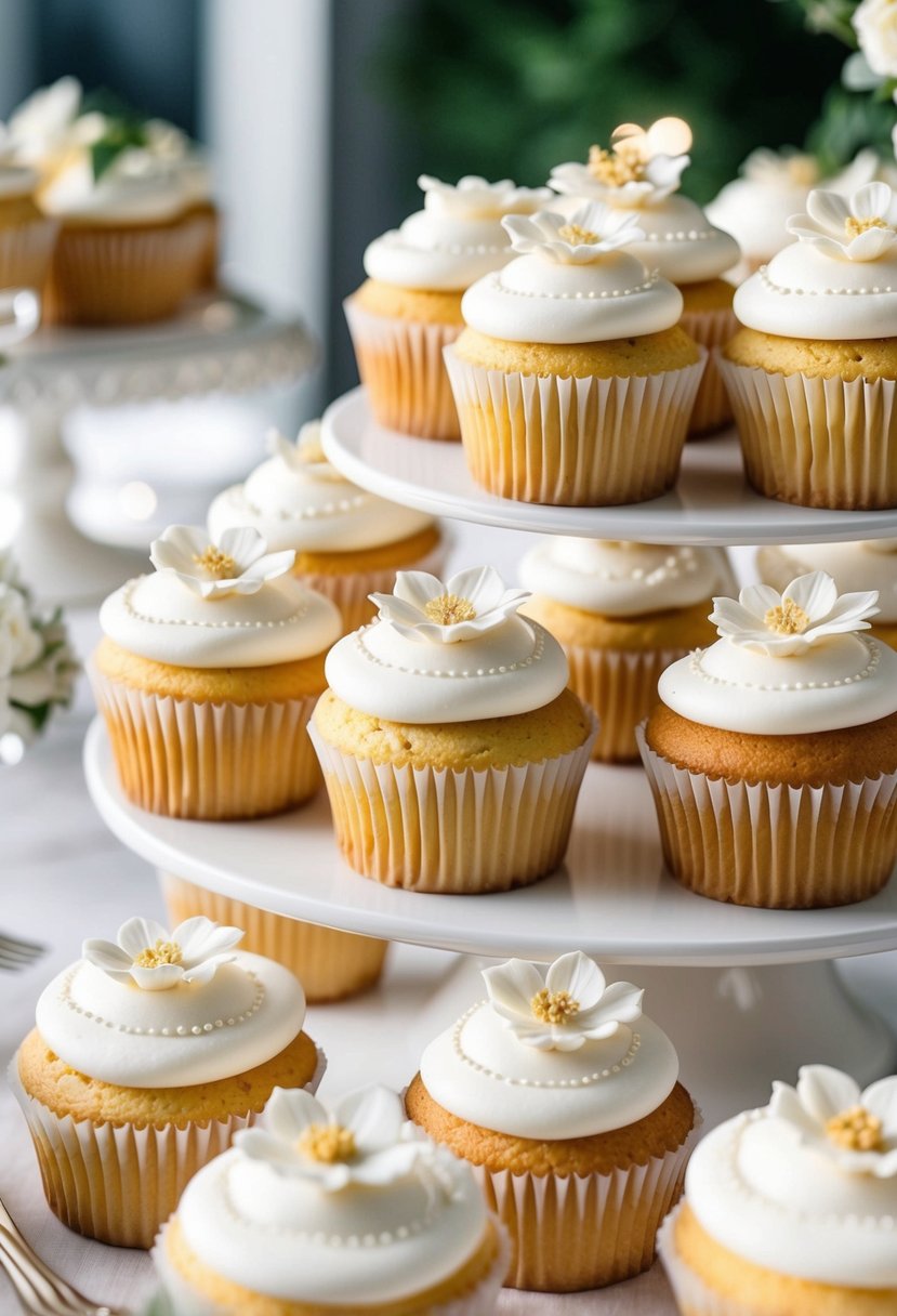 A table adorned with white wedding cake cupcakes, decorated with delicate icing and elegant floral accents