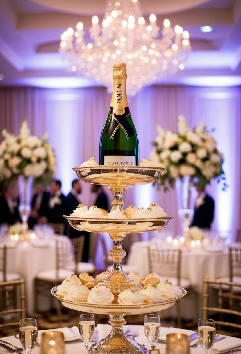 A grand champagne tower stands as a centerpiece amidst elegant wedding decor