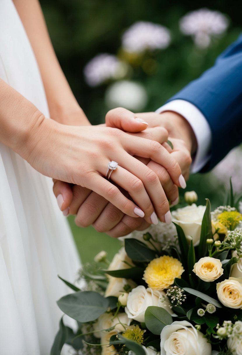 A bride and groom's hands clasped together, with a wedding ring on the bride's finger, surrounded by a bouquet of flowers