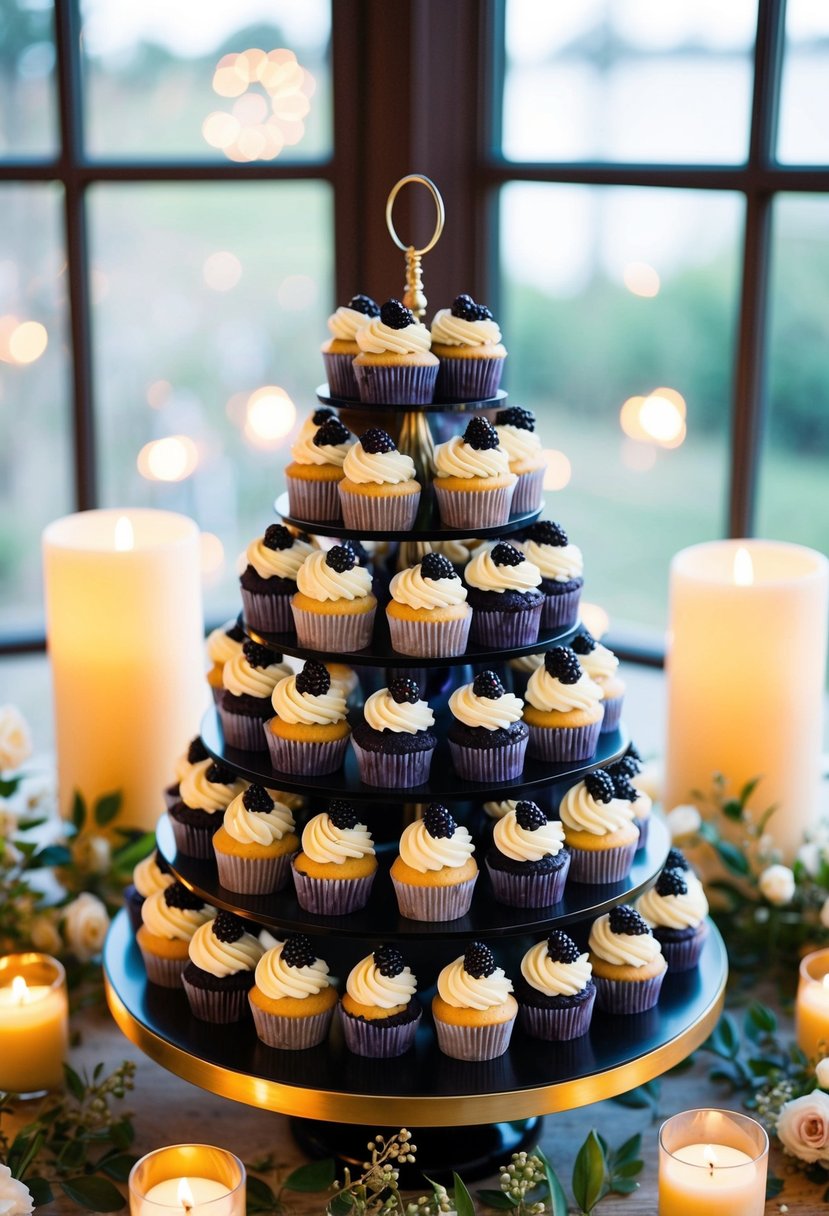 A display of elegant blueberry blackberry cupcakes with cream cheese frosting arranged on a tiered stand, surrounded by floral decorations and soft candlelight