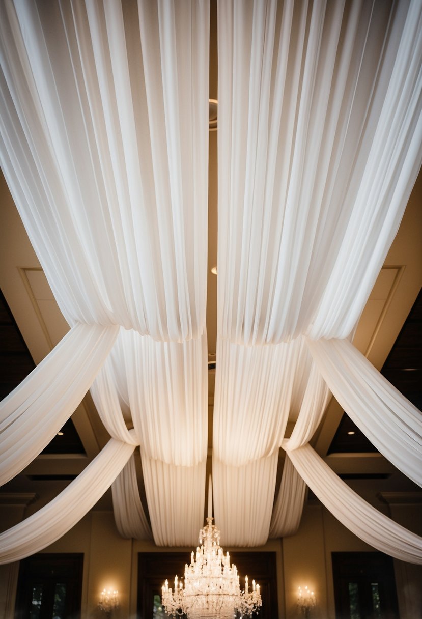 Elegant white fabric drapes from a high ceiling, creating a luxurious and romantic ambiance for a wedding celebration