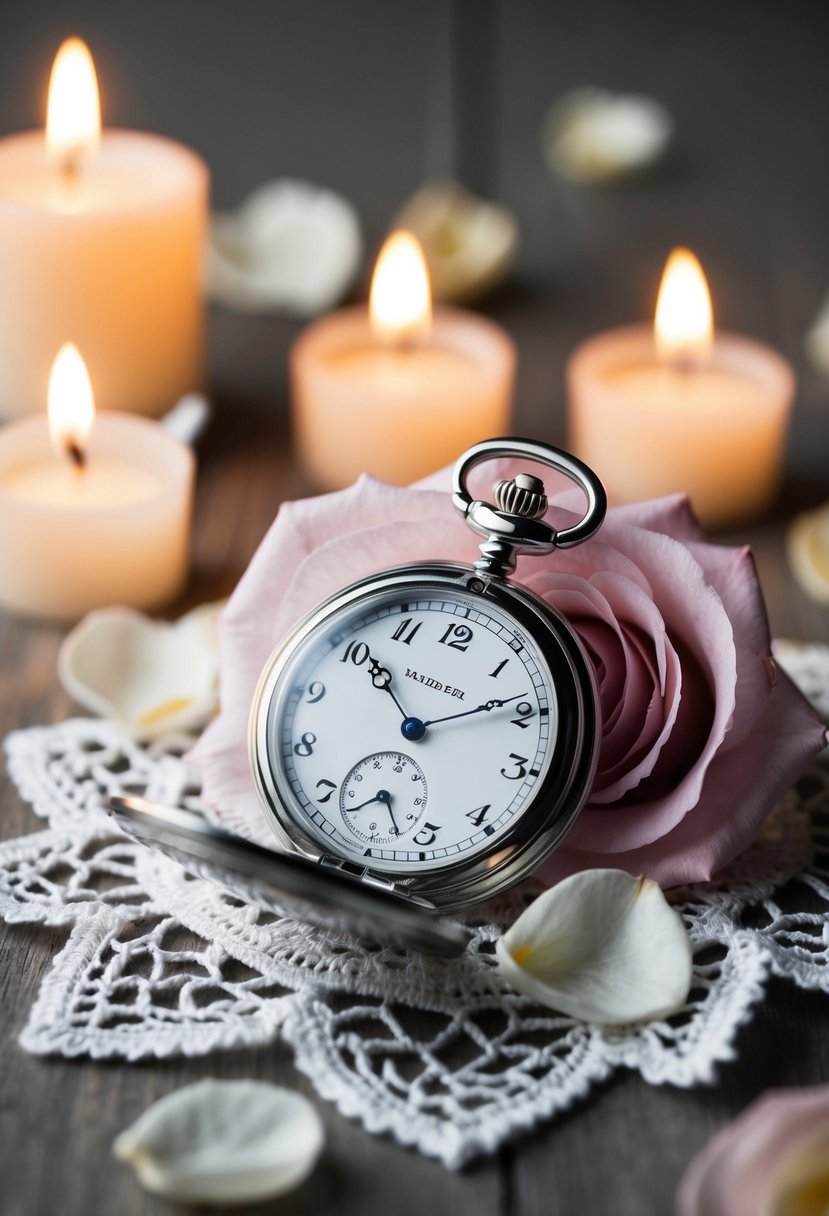 A sleek silver pocket watch resting on a bed of delicate white lace, surrounded by scattered rose petals and soft candlelight