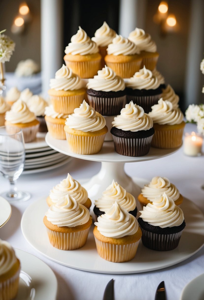 A table adorned with vanilla and almond buttercream cupcakes, elegantly arranged for a wedding celebration