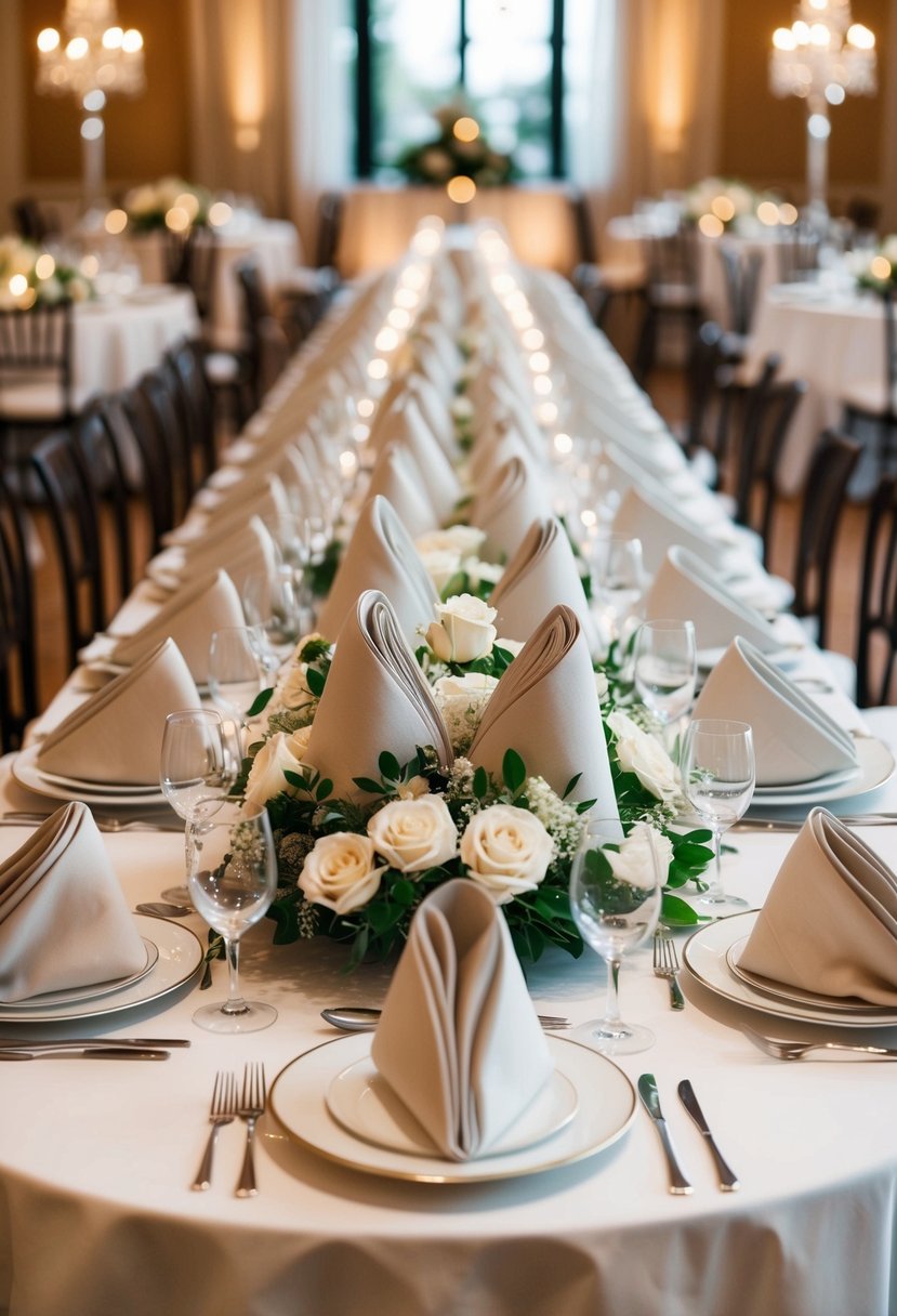 Lavishly folded napkins arranged in an intricate display on a beautifully set table for a luxury wedding celebration