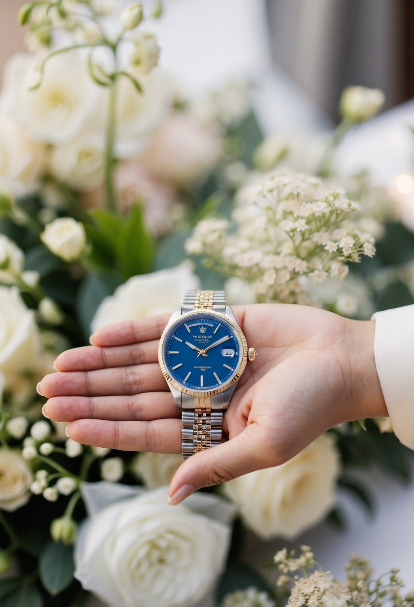 A beautiful wedding scene with a watch held in the palm of a hand, surrounded by delicate flowers and elegant decor