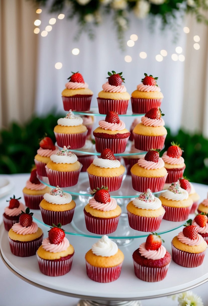 A table adorned with strawberry cupcakes, each topped with various decorative toppings, set against a backdrop of wedding decor