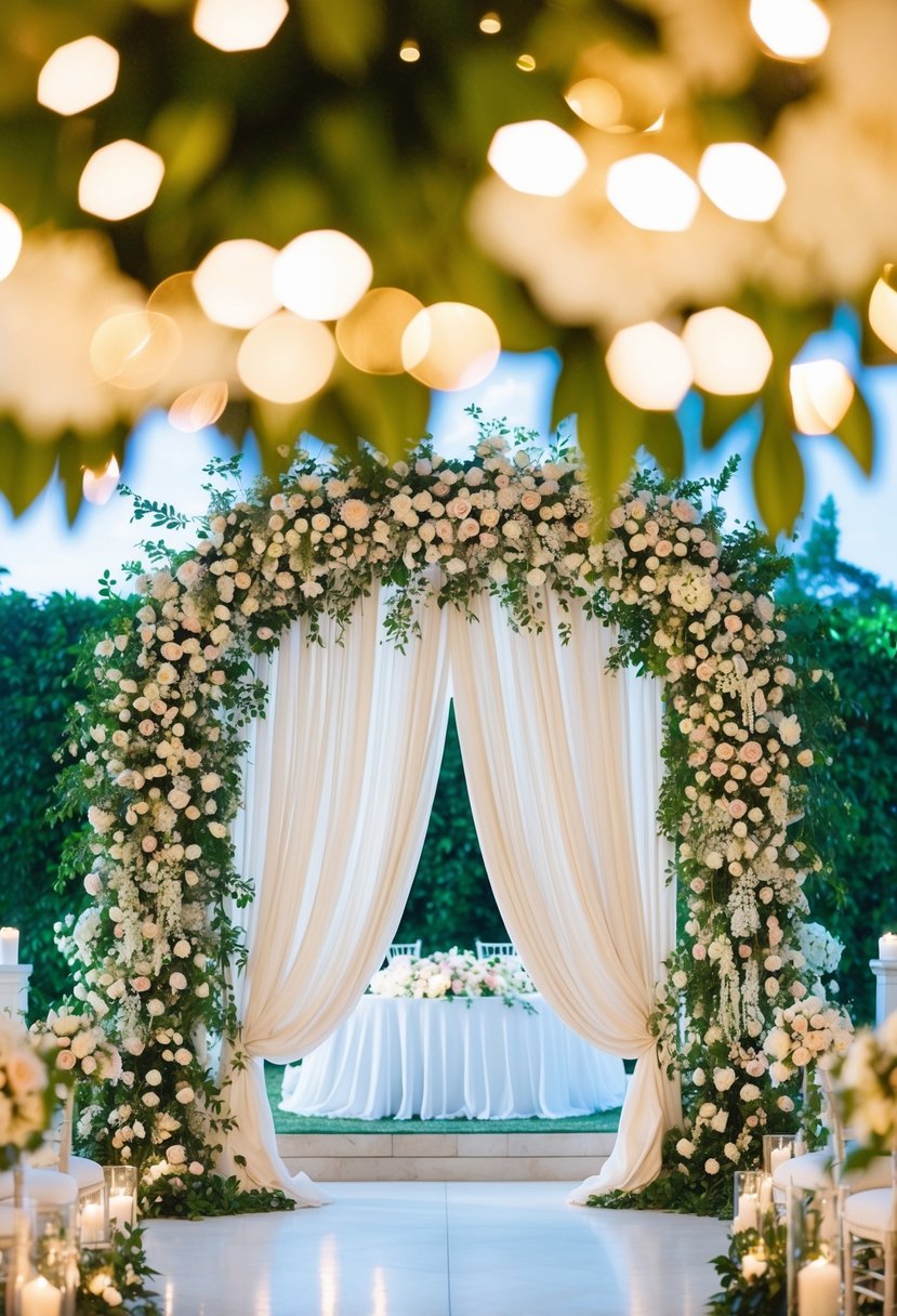 A grand wedding arch adorned with opulent flowers and elegant drapery, set against a backdrop of lush greenery and twinkling lights