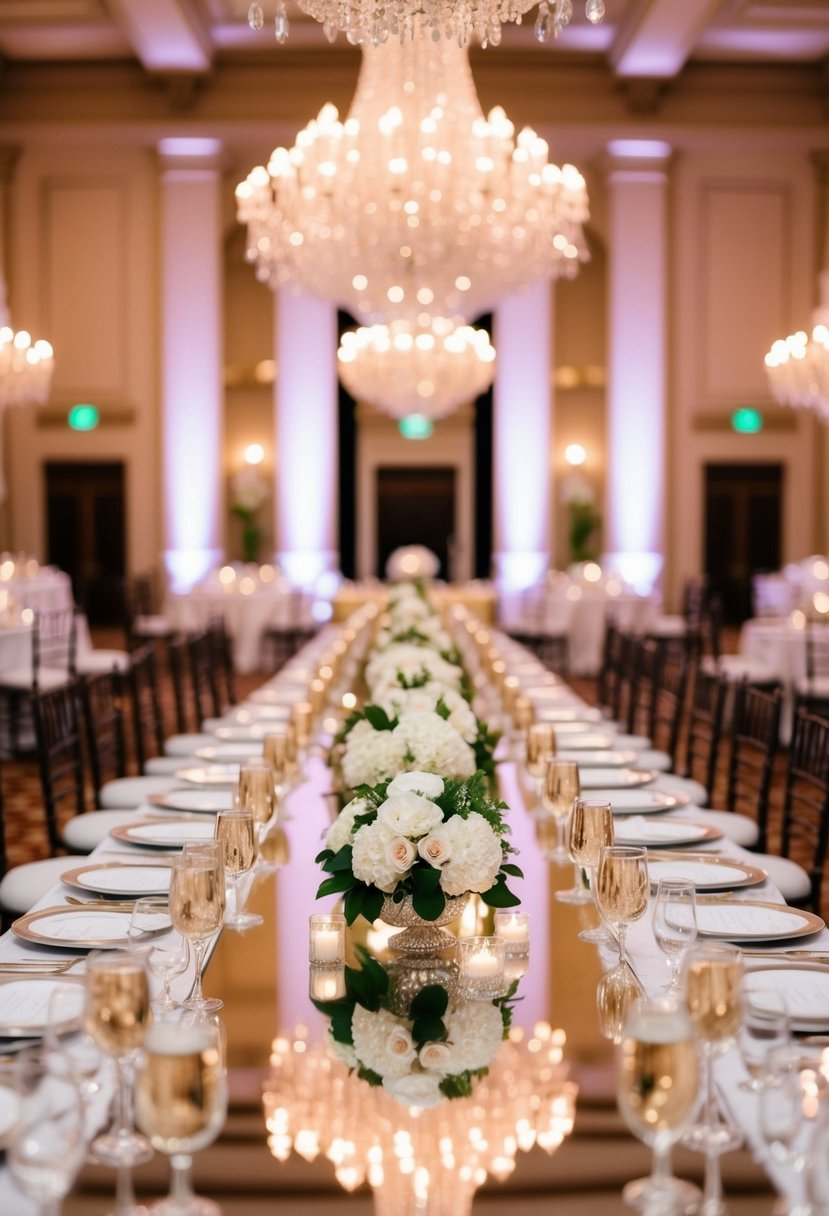 A grand banquet hall with mirror table runners reflecting the opulent decor of a luxury wedding reception