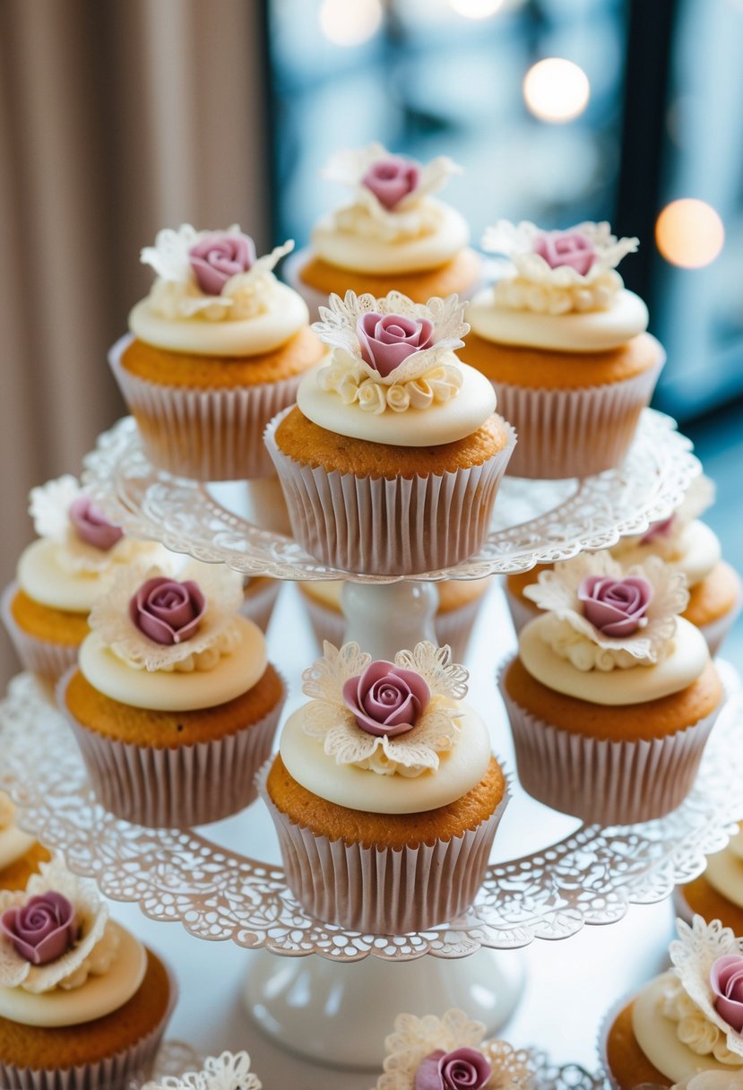 A display of elegant wedding cupcakes with intricate floral and lace details