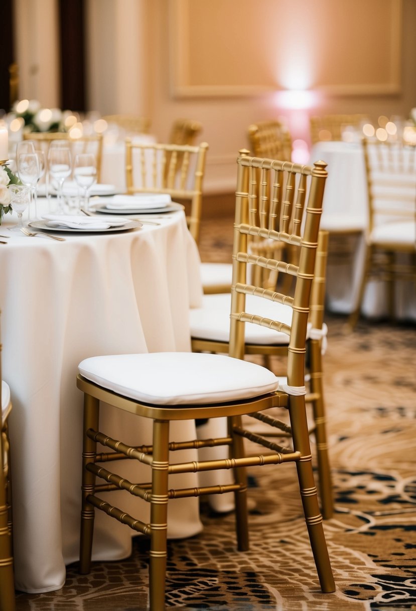 Elegant gold Chiavari chairs arranged in a grand ballroom for a luxurious wedding celebration