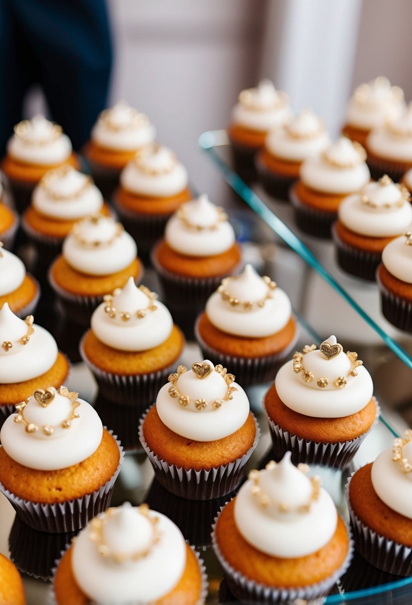 A display of decorated wedding cupcakes with white frosting and elegant designs