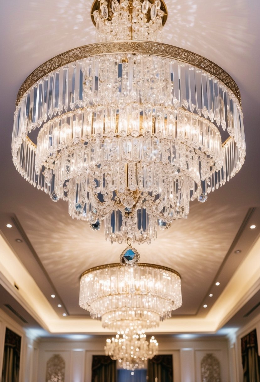 A grand crystal chandelier hangs above a lavish wedding reception, casting a shimmering glow over the opulent decor