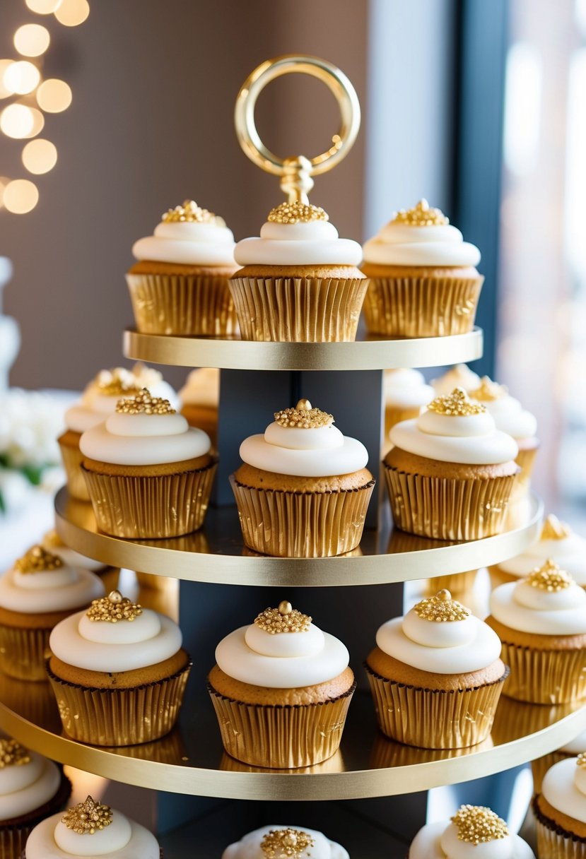 A display of elegant cupcakes adorned with gold accents, arranged on a tiered stand