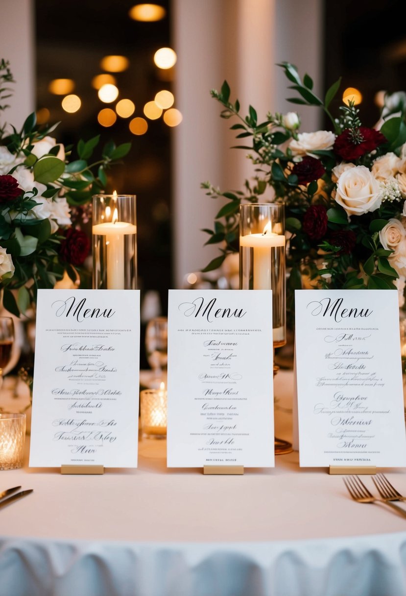 Elegant calligraphed menu cards displayed on a table with floral arrangements and candlelight