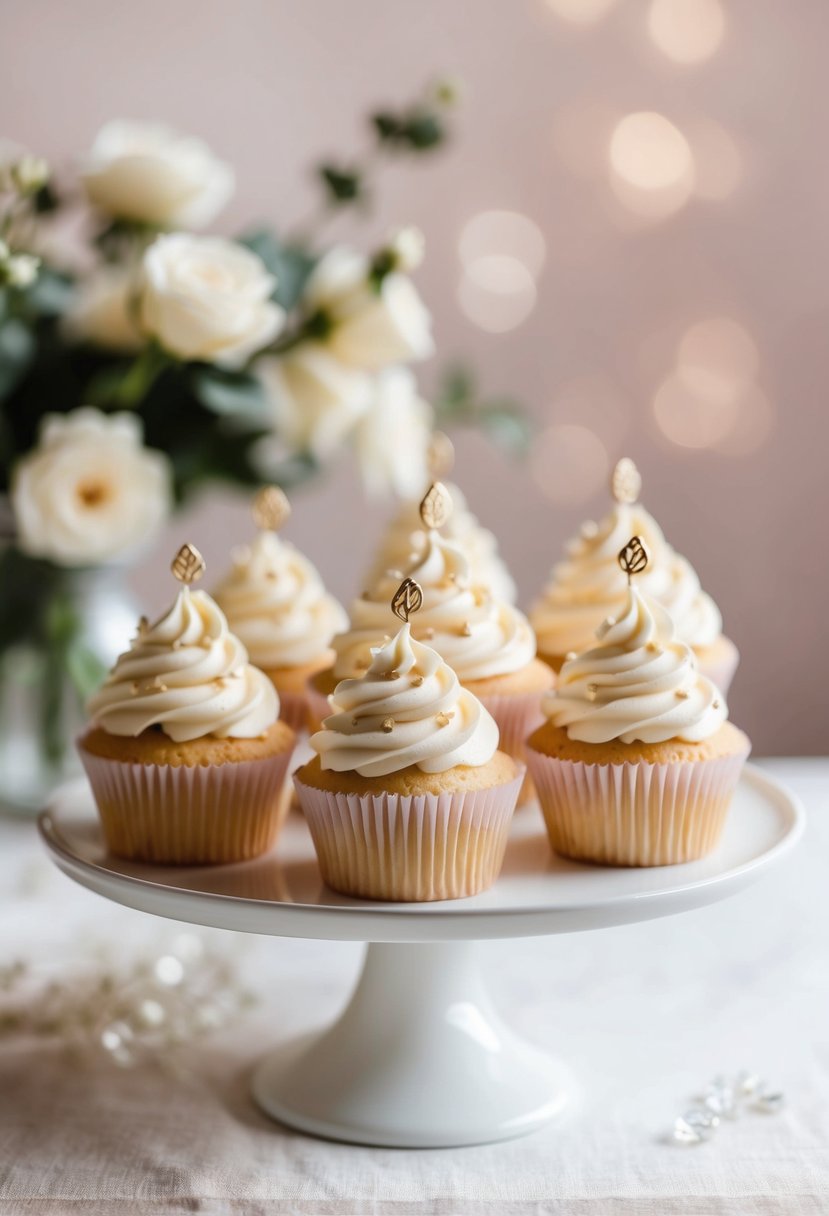 A table adorned with pastel vanilla buttercream cupcakes, topped with delicate swirls and decorative accents, set against a soft, romantic backdrop