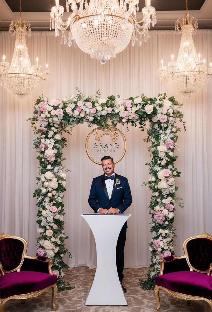 A grand photo booth with elegant floral backdrops, sparkling chandeliers, and luxurious velvet seating for a high-end wedding