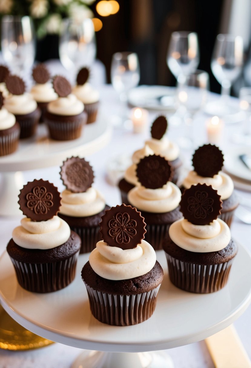 A table adorned with elegant wedding cupcakes topped with intricate chocolate decals