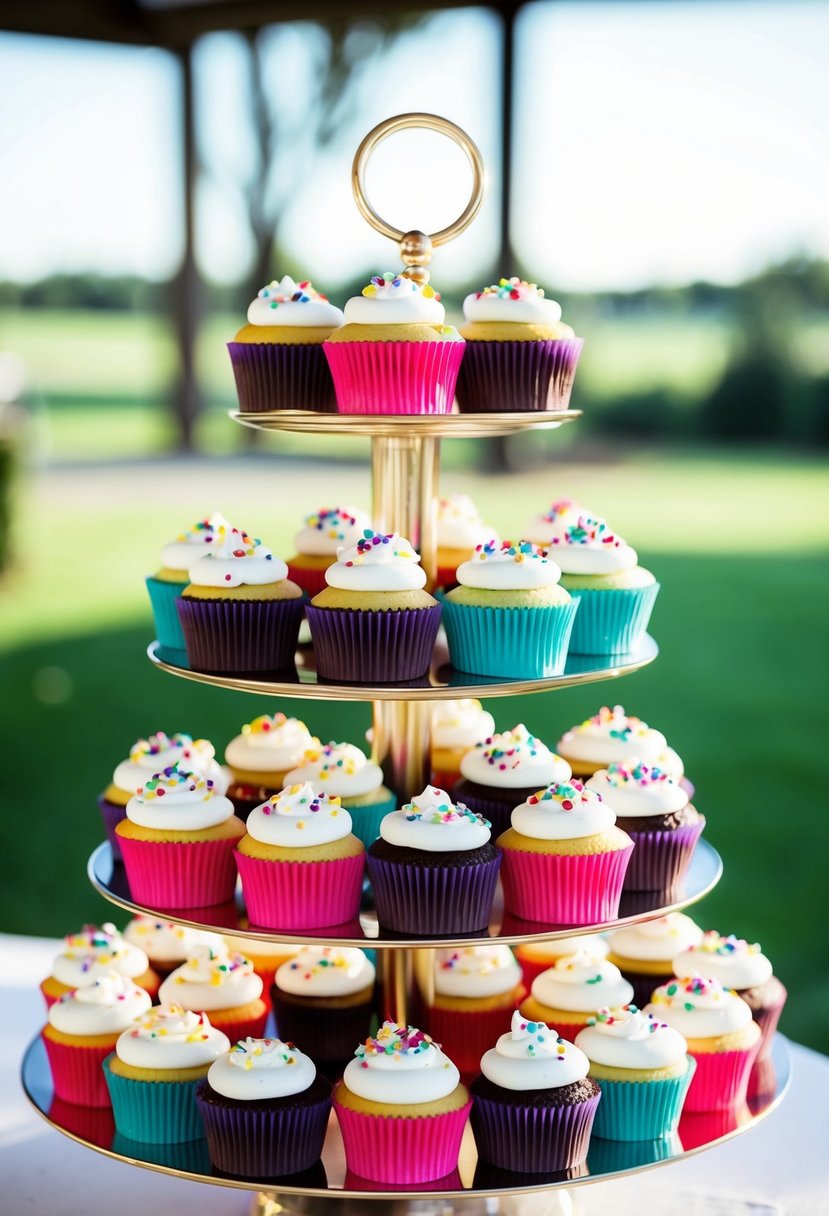 A display of colorful wedding cupcakes filled with sprinkles, arranged on a tiered stand