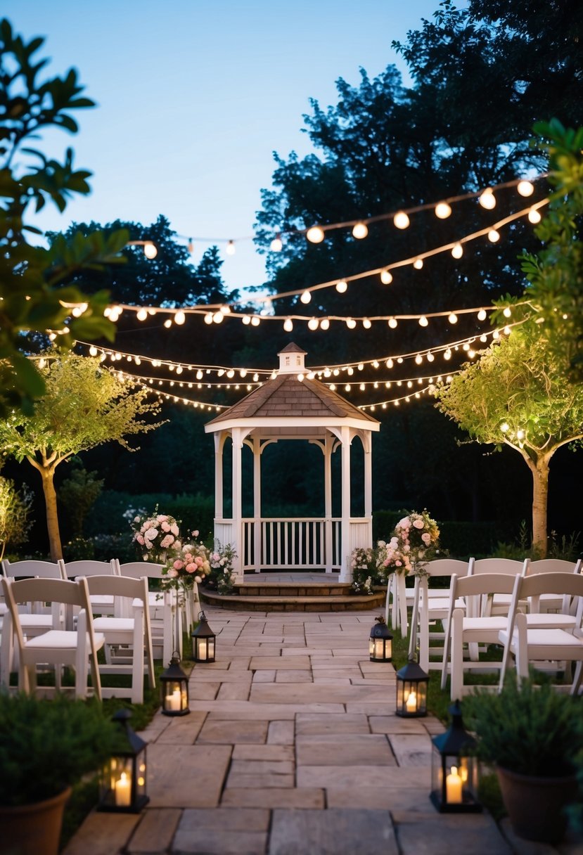 A serene garden at dusk, adorned with string lights and flowers. A small gazebo is set for a romantic twilight wedding ceremony