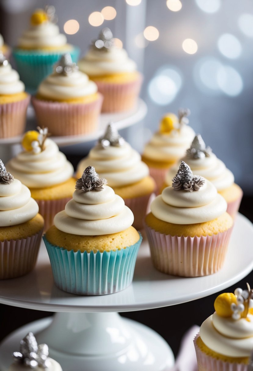 A display of pastel-colored wedding cupcakes with delicate Ermine icing swirls and decorative toppings