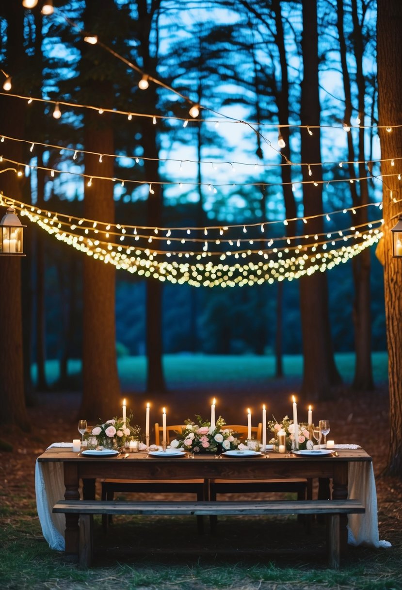 A woodland clearing at twilight, adorned with fairy lights and lanterns. A rustic wooden reception table set with candles and floral arrangements