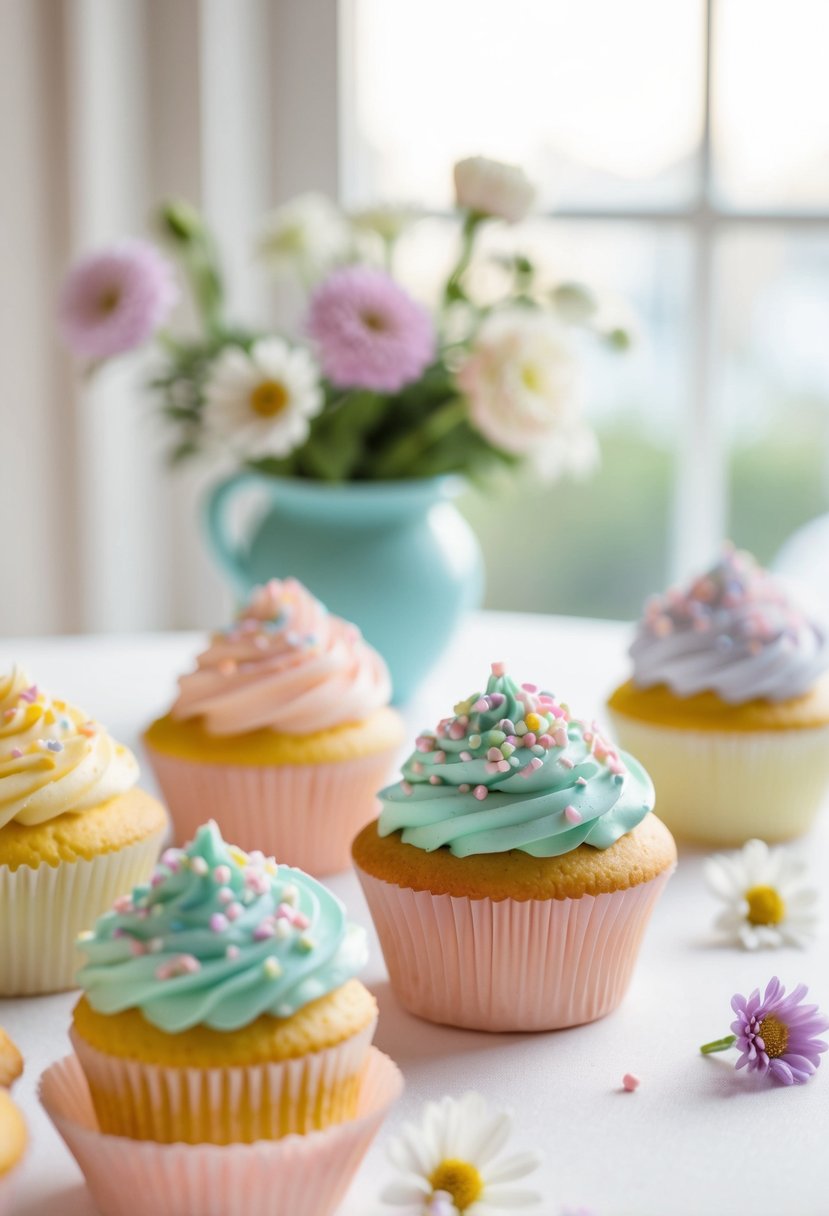 A table set with pastel-colored cupcakes topped with sprinkles and small decorative flowers